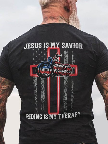 

Jesus Is My Savior Riding Is My Therapy American Flag Short Sleeve Vintage Short Sleeve T-Shirt, Black, T-shirts