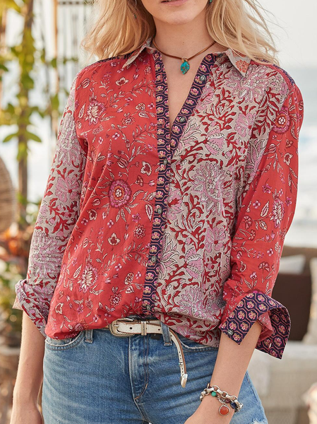 

Shirt Collar Floral Loosen Long Sleeve Blouse, Red, Shirts & Blouses