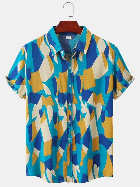 

Vacation Short Sleeve Geometric Shirts, Blue, Shirts ＆ Blouse