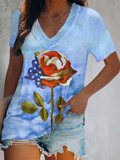 

Floral V Neck Short Sleeve T-Shirt, Multicolor, T-Shirts