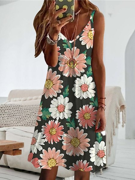 

Floral Printed Casual Sleeveless Knitting Dresses, Multicolor, Dresses