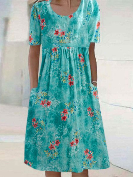 

Crew Neck Casual Short Sleeve Woven Dress, Blue, Dresses