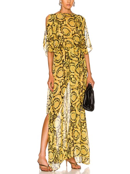 Vacation Floral Half Sleeve Regular Fit Midi Dress, Yellow, Maxi Dresses