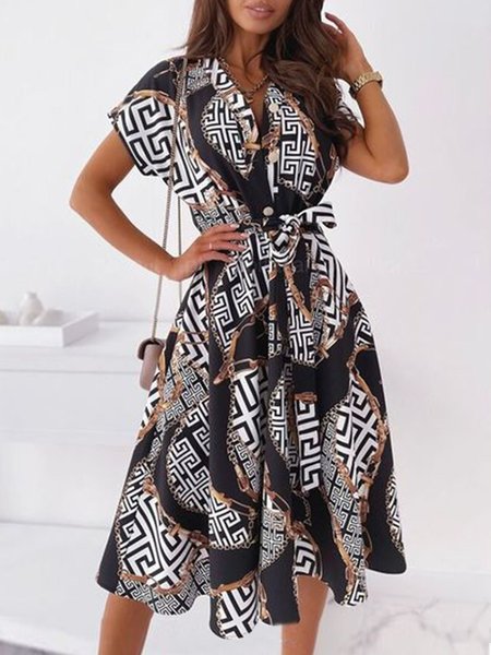 

V Neck Loosen Printed Short Sleeve Woven Dress, As picture, Midi Dresses
