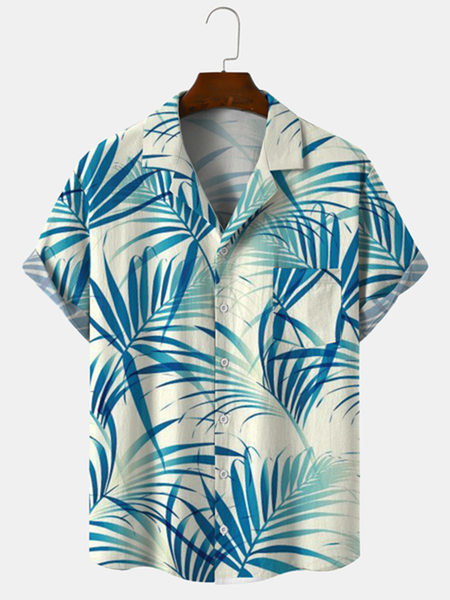 

Cotton Linen Style American Botanical Floral Coconut Tree Print Linen Shirt, As picture, Men's Floral shirt