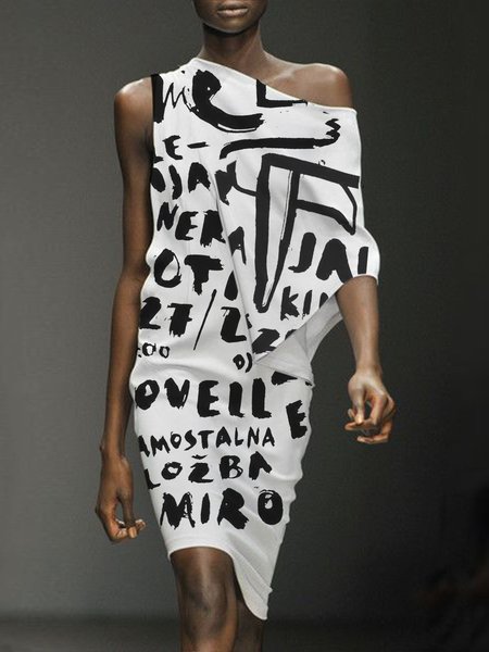 

Simple Letter Asymmetrical Neck Short Sleeve Woven Dress, White, Midi Dresses