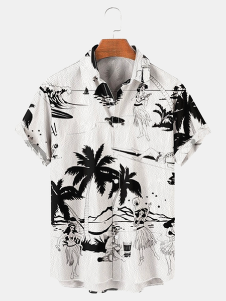 

Cotton Linen Style Botanical Floral Lapel Cozy Linen Shirt, As picture, Men's Floral shirt