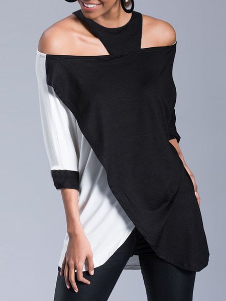 

Color Block Loosen Simple Short Sleeve Tops, Black-white, Blouses and Shirts