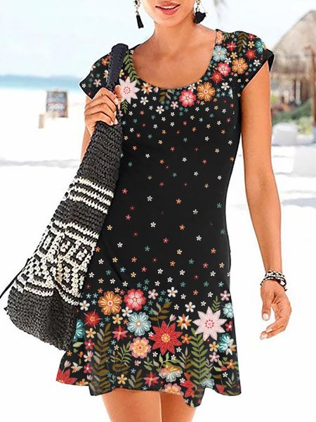 

Colorful Floral Design Crew Neck Short Sleeve Dress, Black, Dresses