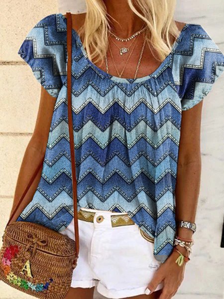 

Loosen Geometric Round Neck Short Sleeve T-Shirt, Blue, Shirts & Blouses