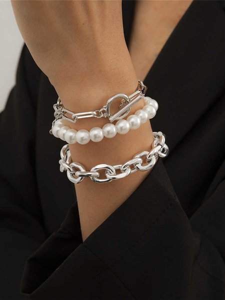 

JFN 3Pcs Retro Style Pearl Chain Multilayer Bracelet Set, Silver, Bracelets