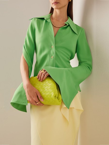 

Regular Fit Shirt Collar Plain Long Sleeve Blouse, Green, Blouses and Shirts