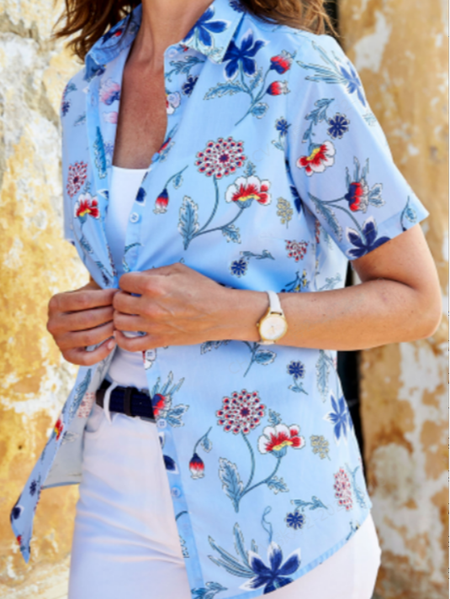

Floral Shirt Collar Vacation Short Sleeve Blouse, Blue, Shirts & Blouses