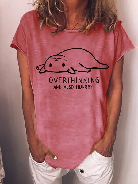 

Funny overthinking and also hungry Crew Neck Cotton Blends Loosen Short Sleeve T-Shirt, Pink, T-shirts