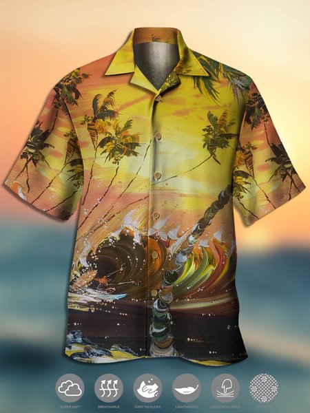 

Men's Botanical Oil Painting Print Moisture Wicking Fabric Trendy Hawaiian Collar Short Sleeve Shirt, Yellow, Men's Floral shirt