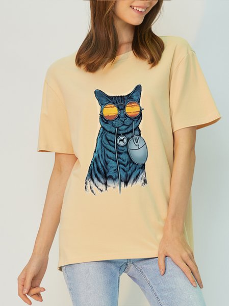 

Casual Simple Print Soft and Comfortable T-shirt, Apricot, T-shirts