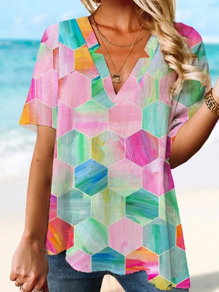 

Discount! Resort Geometric Women's Short Sleeve Top, Multicolor, Tunics