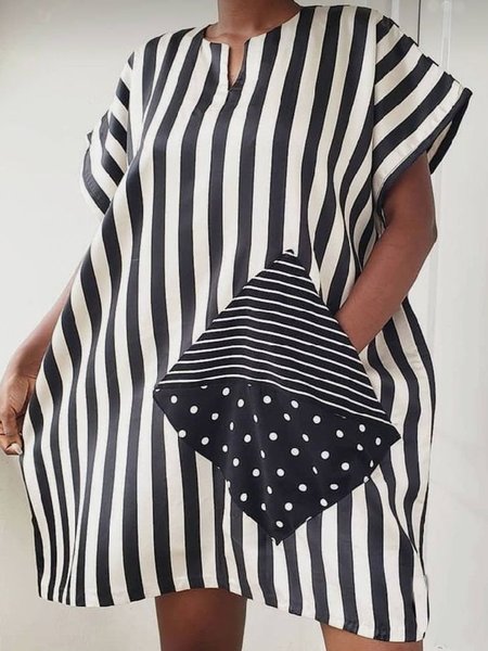 

Simple Striped Crew Neck Woven Dress, Black-white, Mini Dresses