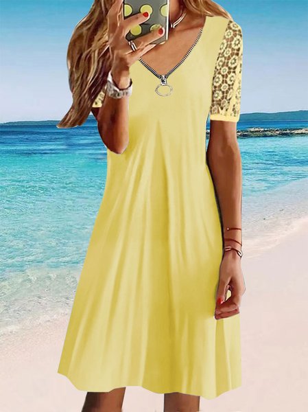 

Basics Cotton Blends V Neck Short Sleeve Knit Dress, Yellow, Mini Dresses