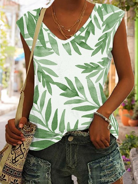 

Casual V Neck Regular Fit Leaves Knit, Green, Tank Tops & Camis