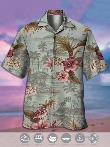 

Men's Botanical Print Moisture Wicking Fabric Trendy Hawaiian Collar Short Sleeve Shirt, Green, Men's Floral shirt