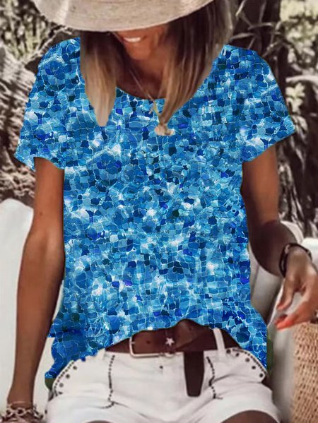 

Vacation Regular Fit Geometric Short Sleeve Tops, Blue, Tops