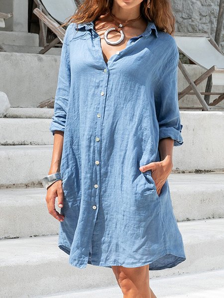 

Loosen Shirt Collar Long Sleeve Woven Dress, Blue, Mini Dresses