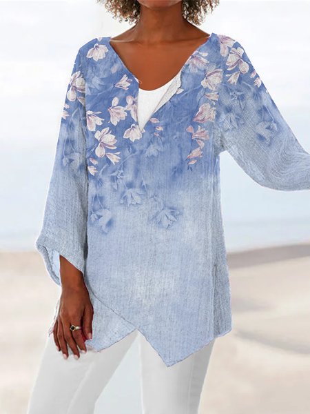 

Floral V Neck Long Sleeve Tops, Blue, Shirts & Blouses