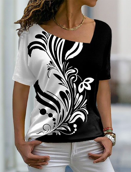 

Floral Asymmetrical Neck Short Sleeve Casual T-Shirt, Black, T-Shirts
