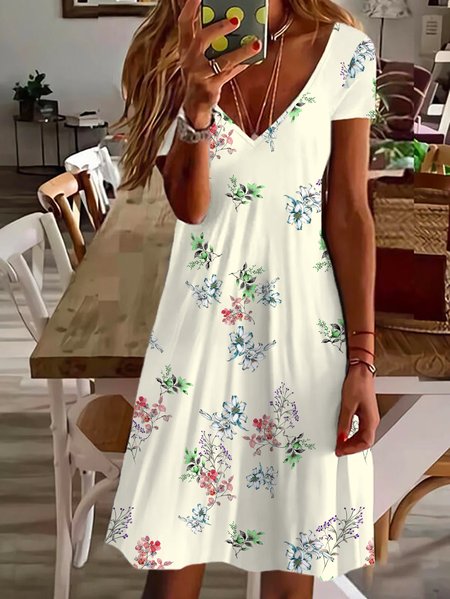 

Casual Vacation Floral Regular Fit V Neck Short Sleeve Knit Dress, Light yellow, Dresses