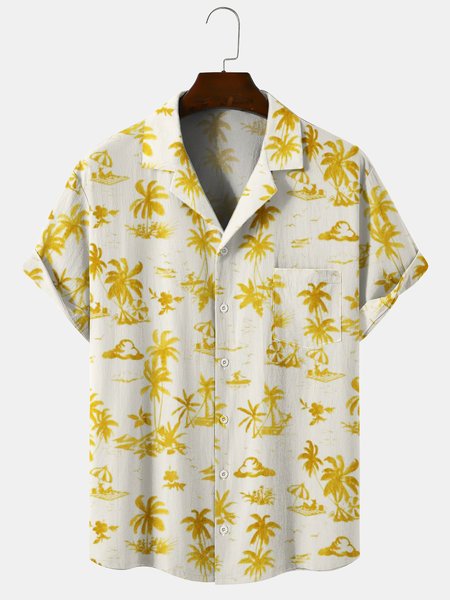 

Cotton Blends Short Sleeve Vacation Coconut Tree Short Sleeve Shirt, Yellow, Shirts ＆ Blouse