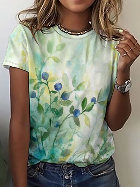 

Casual Simple Plants Gradient Print Crew Neck T-Shirt, As picture, T-shirts
