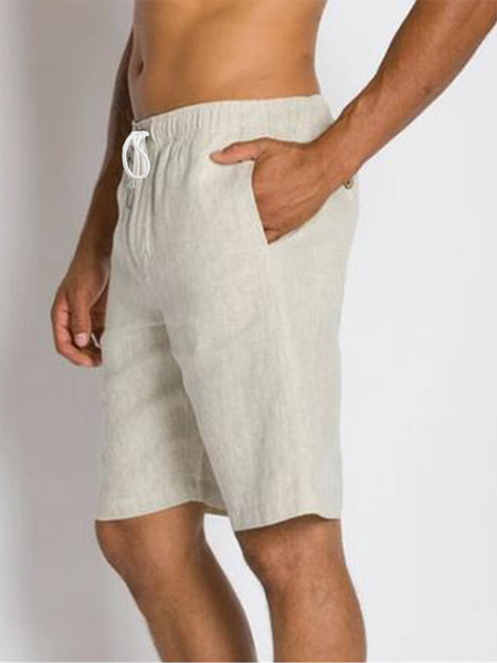 

Cotton and Linen Style Comfortable Five Points Casual Cotton and Linen Lace-Up Buttoned Shorts, Off white, Shorts