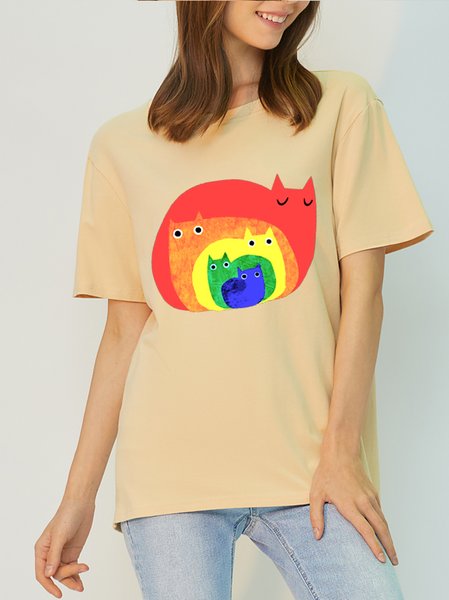 

Casual Simple Print Soft and Comfortable T-shirt, Apricot, T-shirts