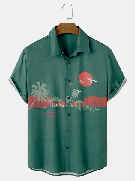 

Cotton Linen Style Botanical Floral Coconut Tree Print Cozy Linen Shirt, As picture, Shirts ＆ Blouse