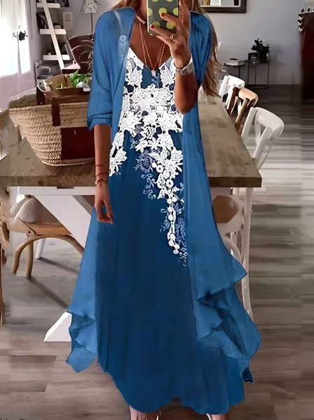 

V Neck Boho Short Sleeve Woven Prom Dress, Blue, Dresses