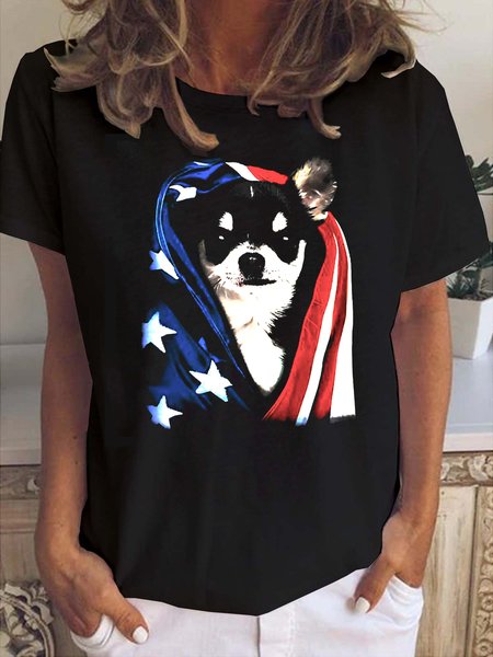 

American Flag Chihuahua Print Crew Neck T-shirt, Black, T-shirts
