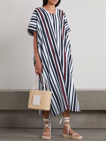 

Striped Square Neck Short Sleeve Woven Dress, Black-white, Midi Dresses