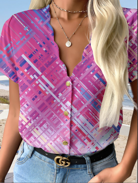 

V Neck Geometric Loosen Short Sleeve Blouse, Rose red, Shirts & Blouses