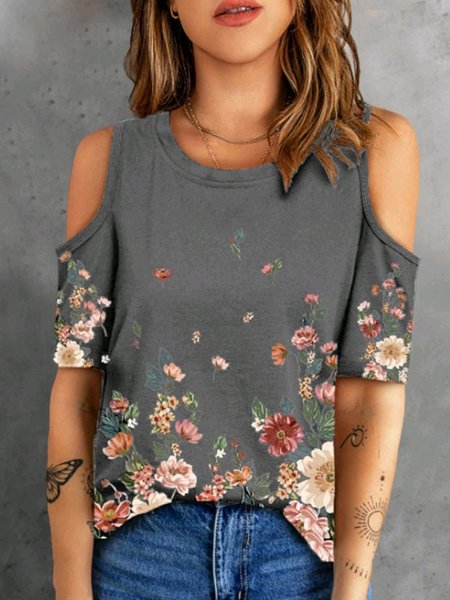 

Regular Fit Cotton Short Sleeve Tops, Gray, Tops