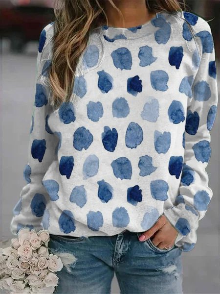 

Crew Neck Polka Dots Loosen Sweatershirt, Blue, Tops
