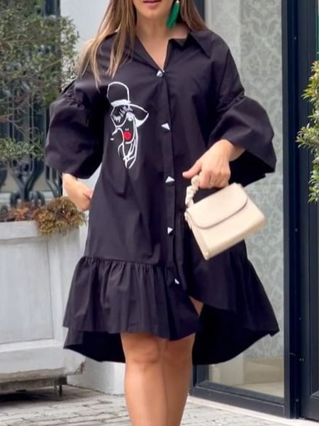 

Shirt Collar Simple Loosen Short Sleeve Woven Dress, Black, Midi Dresses