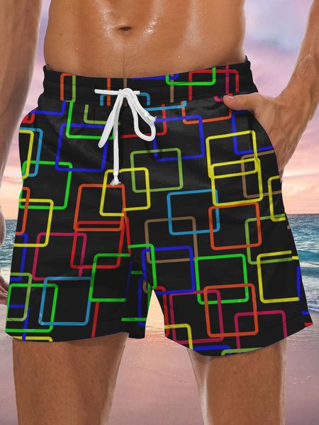 

Abstract Geometric Shape Men's Casual Beach Shorts, Black, Men's shorts