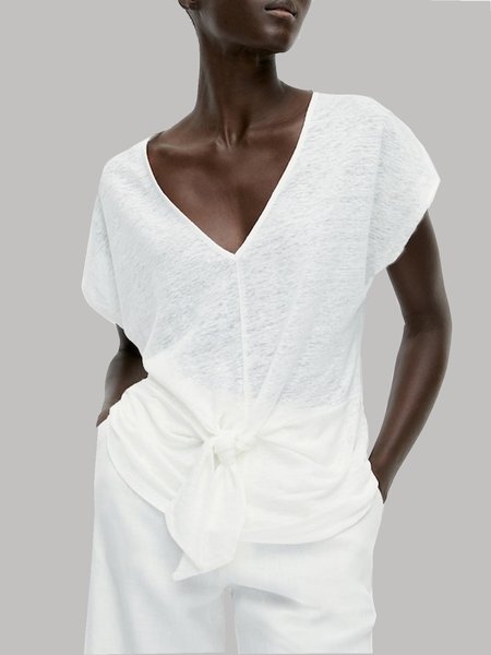 

Knot Front V Neck Short Sleeve T-Shirt, White, Tees