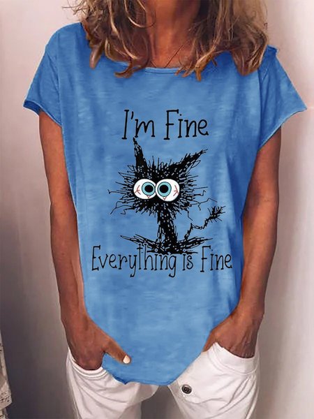 

JFN Crew Neck Letter Cartoon Cat Casual T-Shirt, Blue, T-Shirts