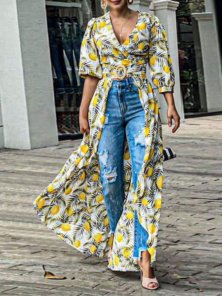

Printed Short Sleeve Tops, Yellow, Tops