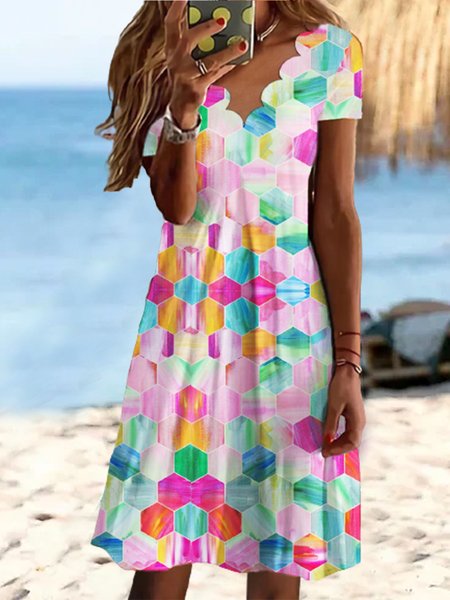 

Discount! Scallop V-Neck Casual Knit Dress, Multicolor, Dresses
