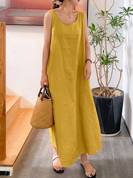 

Summer Cotton And Linen Loose Round Neck Sleeveless Dress, Yellow, Maxi Dresses