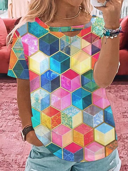 

Geometric Casual Crew Neck Short Sleeve T-Shirt, Multicolor, Tops