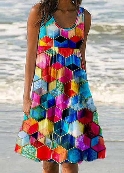 

U-Neck Cotton Blends Boho Sleeveless Knitting Dresses, Multicolor, Dresses